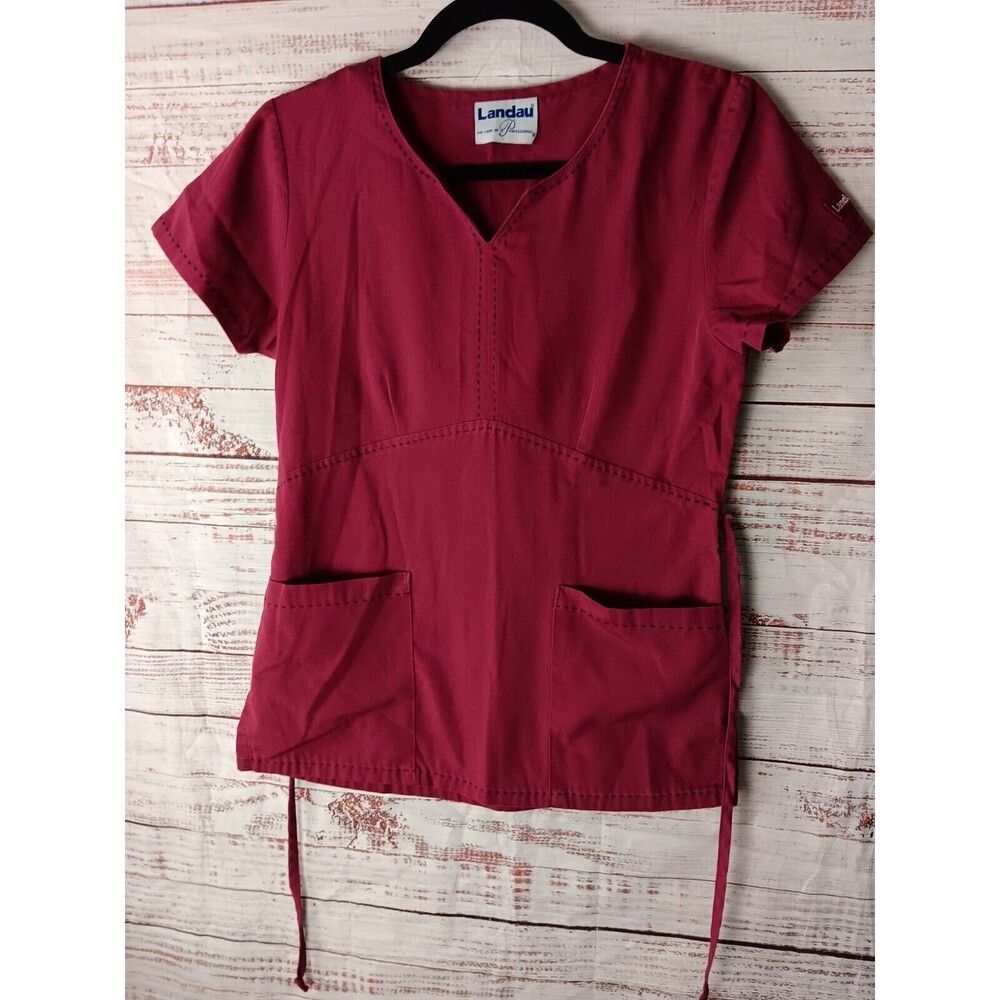 Landau Scrub Top Women's Small V-Neck Maroon Pockets Classic